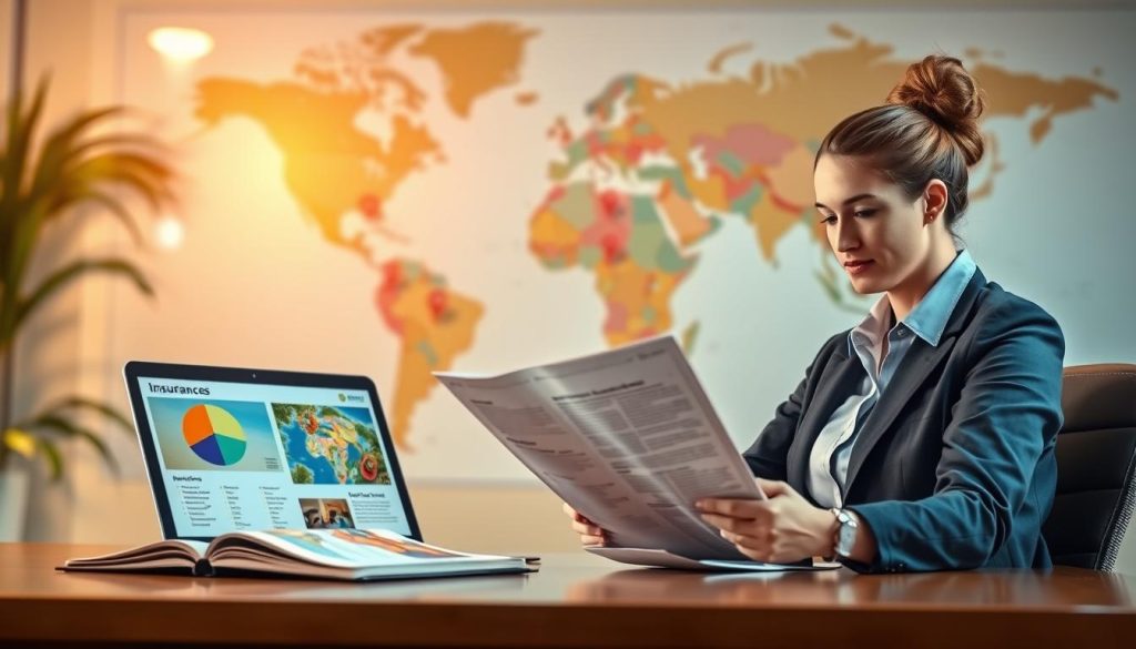 A conceptual illustration of trip cancellation insurance coverage. In the foreground, a travel agent in professional attire sits at a desk, examining detailed insurance documents with a thoughtful expression. In the middle ground, a large, open travel brochure showcases vibrant destinations, while a laptop displays a pie chart representing insurance options. The background features a world map with travel pins marking various locations, softly blurred to emphasize depth. The lighting is warm and inviting, simulating a bright office environment, with a focus on clarity and organization. The atmosphere should convey a sense of security and reassurance for travelers considering insurance for their trips.