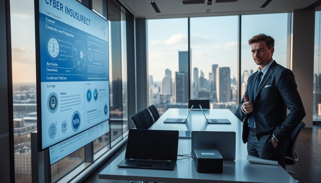 A modern, sleek office environment showcasing the concept of cyber insurance coverage. In the foreground, a confident business professional in smart business attire stands beside a large digital screen displaying infographics related to cybersecurity and insurance policies. The middle layer features a conference table with laptops, a digital tablet, and a secure data storage device, symbolizing the tech-driven nature of cyber insurance. The background depicts a panoramic view of a city skyline through large windows, bathed in soft, natural light. The atmosphere is focused and professional, conveying a sense of security and preparedness. The perspective is slightly elevated, giving a clear view of the interaction in the room while maintaining an emphasis on the modern technological elements essential to cyber insurance.