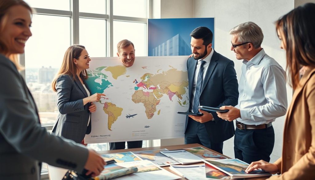 A professional and inviting scene illustrating global travel insurance, featuring a diverse group of individuals in business attire gathered around a large world map, actively discussing travel plans. In the foreground, a woman points to various countries, while a man takes notes on a tablet. The middle ground includes travel brochures and insurance documents spread across a table, emphasizing the theme of planning for international trips. In the background, a window shows a bright, sunny cityscape, symbolizing global travel opportunities. Soft, natural lighting pours in, creating an optimistic and focused atmosphere. The camera angle is slightly elevated, capturing the teamwork and engagement of the group without any distractions.