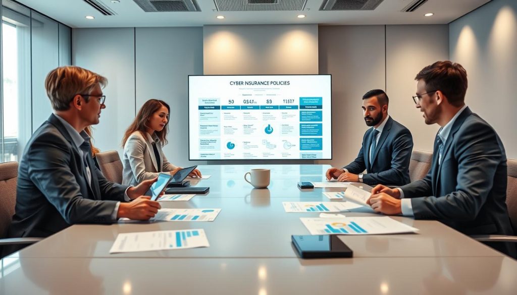 A professional business setting with a sleek, modern conference room as the background. In the foreground, a diverse group of business professionals dressed in formal attire, engaged in a discussion around a large table, with digital devices and documents displaying charts and graphs comparing cyber insurance policies. The middle-ground features a large screen showcasing a visually appealing infographic highlighting key aspects of various policies. Soft, ambient lighting creates a focused yet inviting atmosphere, while a wide-angle perspective captures the collaborative environment. The overall mood is one of serious engagement and informed decision-making, emphasizing the importance of selecting the right cyber insurance policy for businesses.