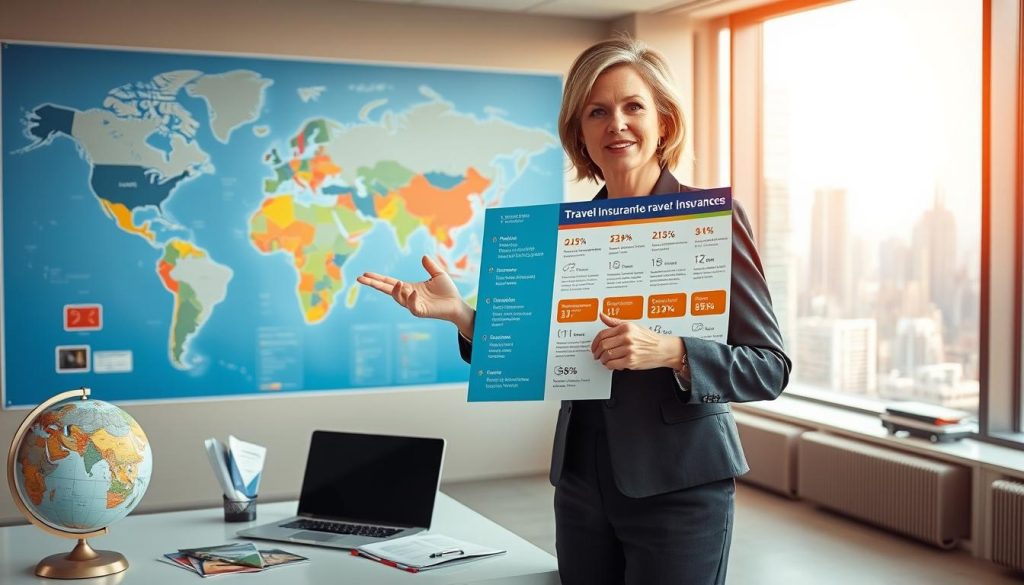 A professional travel insurance advisor standing in a modern office setting, surrounded by a world map indicating various destinations. In the foreground, the advisor, a middle-aged woman in a smart business suit, gestures towards a colorful infographic that showcases different types of international travel coverage options like medical, trip cancellation, and baggage protection. The middle layer includes a sleek desk with travel brochures, a laptop open on an insurance website, and a globe. In the background, large windows reveal a bustling city skyline, symbolizing international travel. Soft natural light filters in, creating a warm and inviting atmosphere. The overall mood is informative and professional, emphasizing the importance of understanding travel insurance for securing safe international trips.