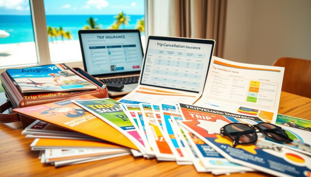 A visually engaging comparison of trip cancellation insurance options laid out on a wooden table. In the foreground, several diverse travel insurance brochures are fanned out, showcasing vibrant designs and color-coded sections. The middle ground features a laptop displaying a detailed comparison chart with graphs and icons. A travel suitcase, partially open, spills out essentials like a passport, travel guide, and sunglasses, contributing to the travel theme. In the background, a sunny window reveals a vacation destination landscape with palm trees and a beach. The scene is well-lit with warm, natural light, creating an inviting atmosphere. The composition is shot from a slightly elevated angle, giving a clear view of the organized chaos of travel planning, reflecting a sense of security and professionalism in choosing insurance.