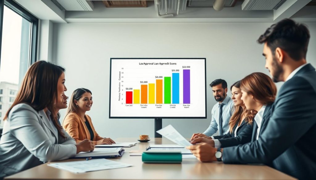 A visually engaging depiction of the impact of credit scores on loan approval processes. In the foreground, a diverse group of professionals in business attire are gathered around a table, reviewing financial documents and discussing credit score charts. In the middle ground, a large screen displays a colorful bar graph illustrating different credit score ranges, clearly marked with indicators for loan approval thresholds. The background features a modern office setting with large windows allowing natural light to illuminate the space, creating an optimistic atmosphere. Soft, diffused lighting highlights the professionals' engaged expressions, conveying a sense of collaboration and determination. The angle captures the dynamic discussion, emphasizing the importance of credit scores in financial decisions.